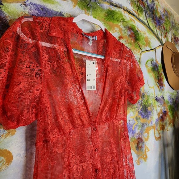 Urban Outfitters Red Button Up Lace Mini Dress M - Picture 6 of 7